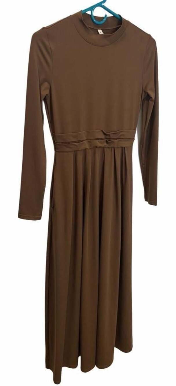 Halara Mock-Neck Long Sleeve Flare Maxi Casual Dress Brown
